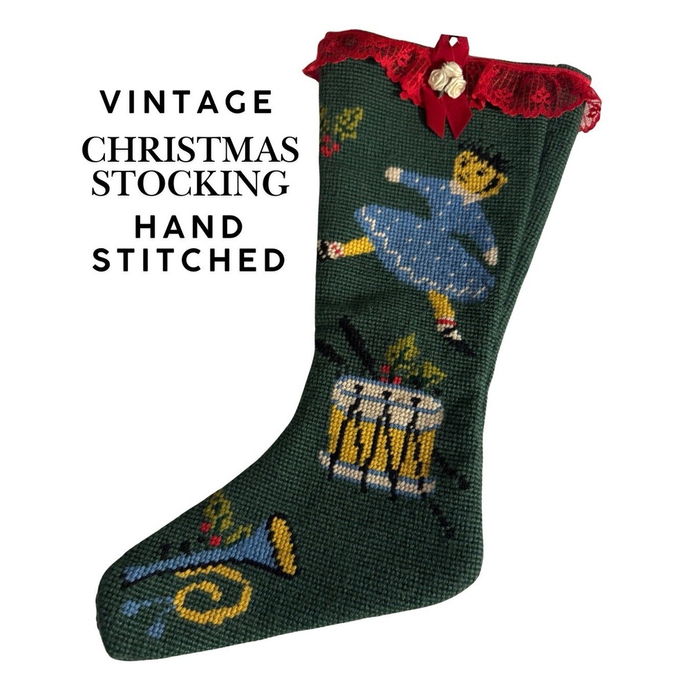 Vintage Hand-Stitched Needlepoint Christmas Stocking Green